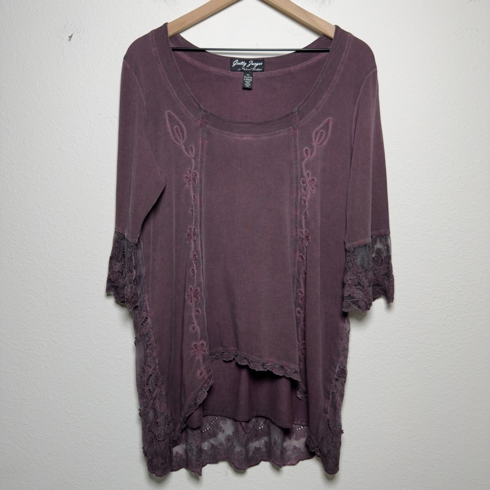 Gretty Zueger Women Cotton Tunic Top XL Purple Lace Embroidered Grunge Artsy